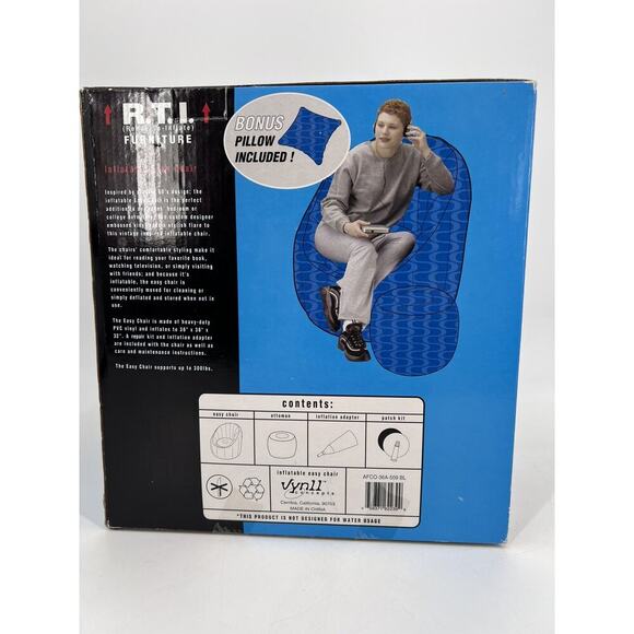 Vtg 90s Y2K Inflatable Chair Ottoman Pillow Adult Teen Blue Wave Groovy Retro - Picture 2 of 11